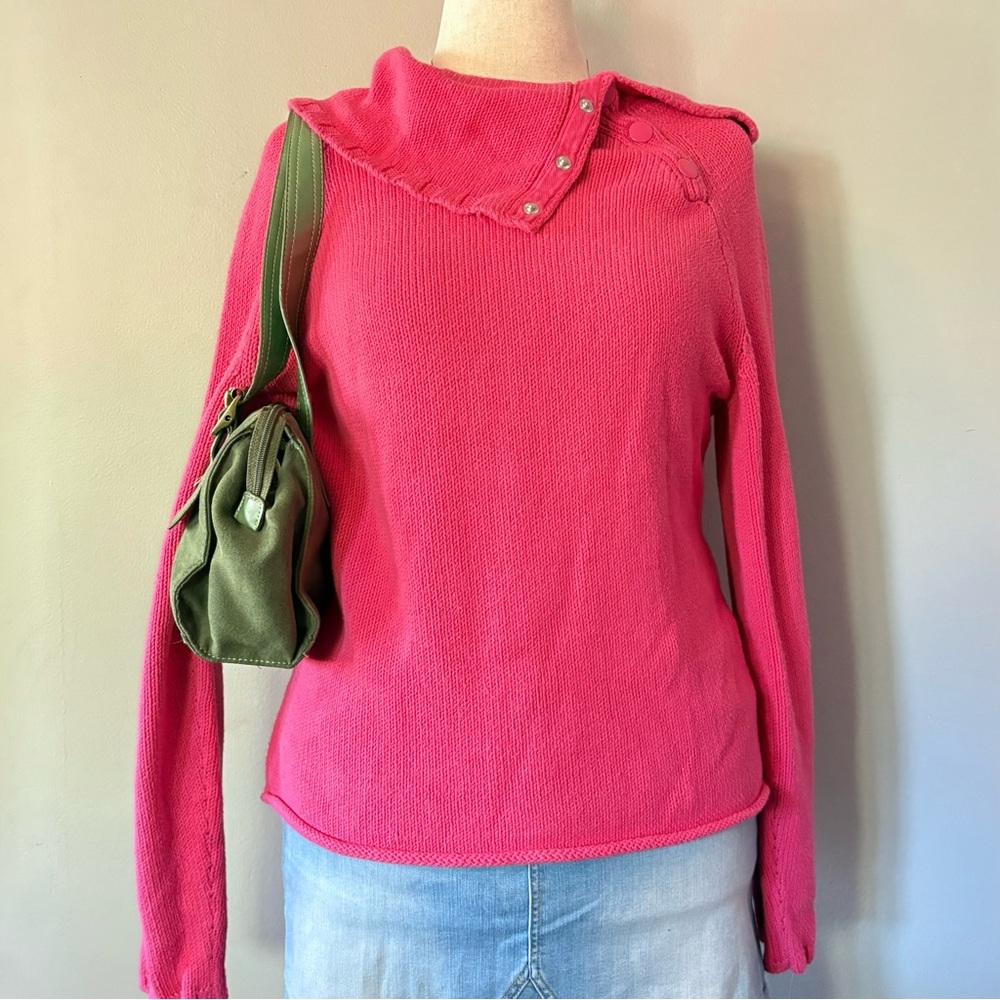 Hot pink Y2K turtleneck sweater with button closure